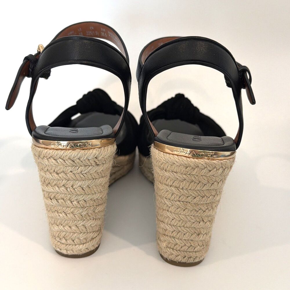 COACH Womens Sz 5 Espadrilles Katey Wedge Sandals Black Suede Peep Toe Resort - Picture 4 of 14